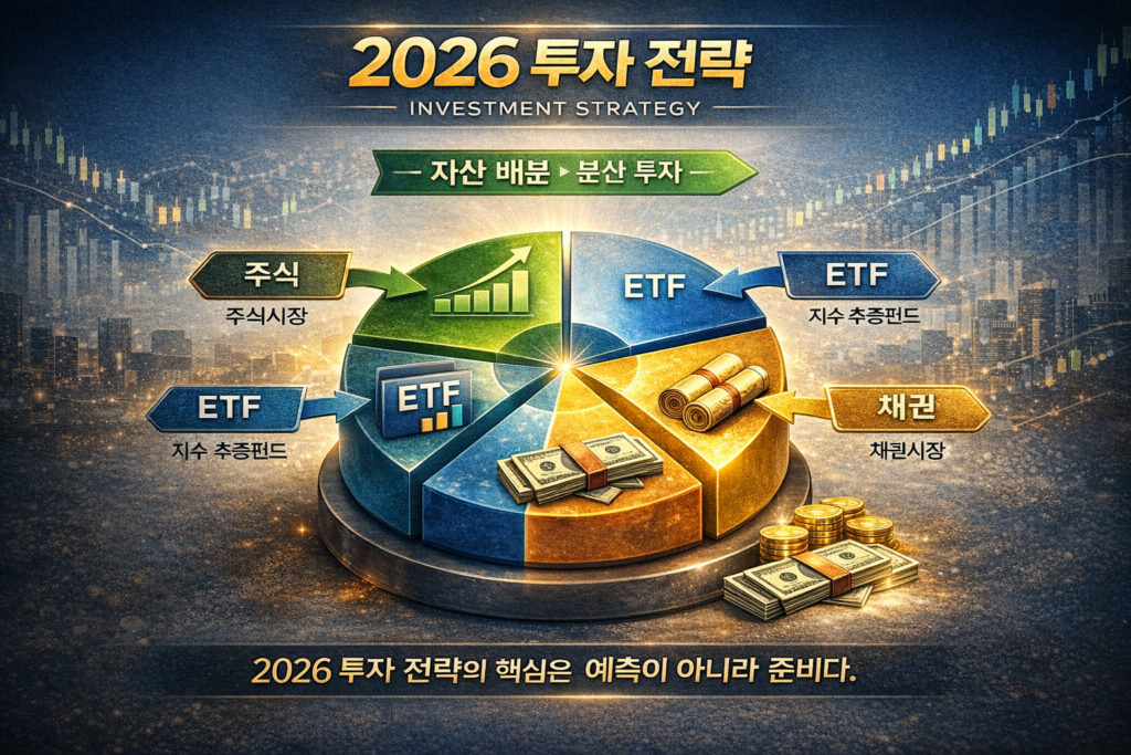 2026 투자 전략을 설명하는 정보성 이미지로, 주식·ETF·채권·현금 자산 배분 구조를 시각적으로 정리한 인포그래픽