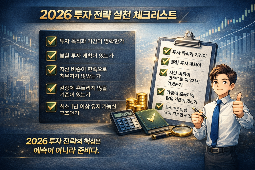 2026 투자 전략 실천 체크리스트를 정리한 이미지로, 투자 목적 설정과 분산 투자, 장기 유지 기준을 한눈에 보여주는 요약 인포그래픽