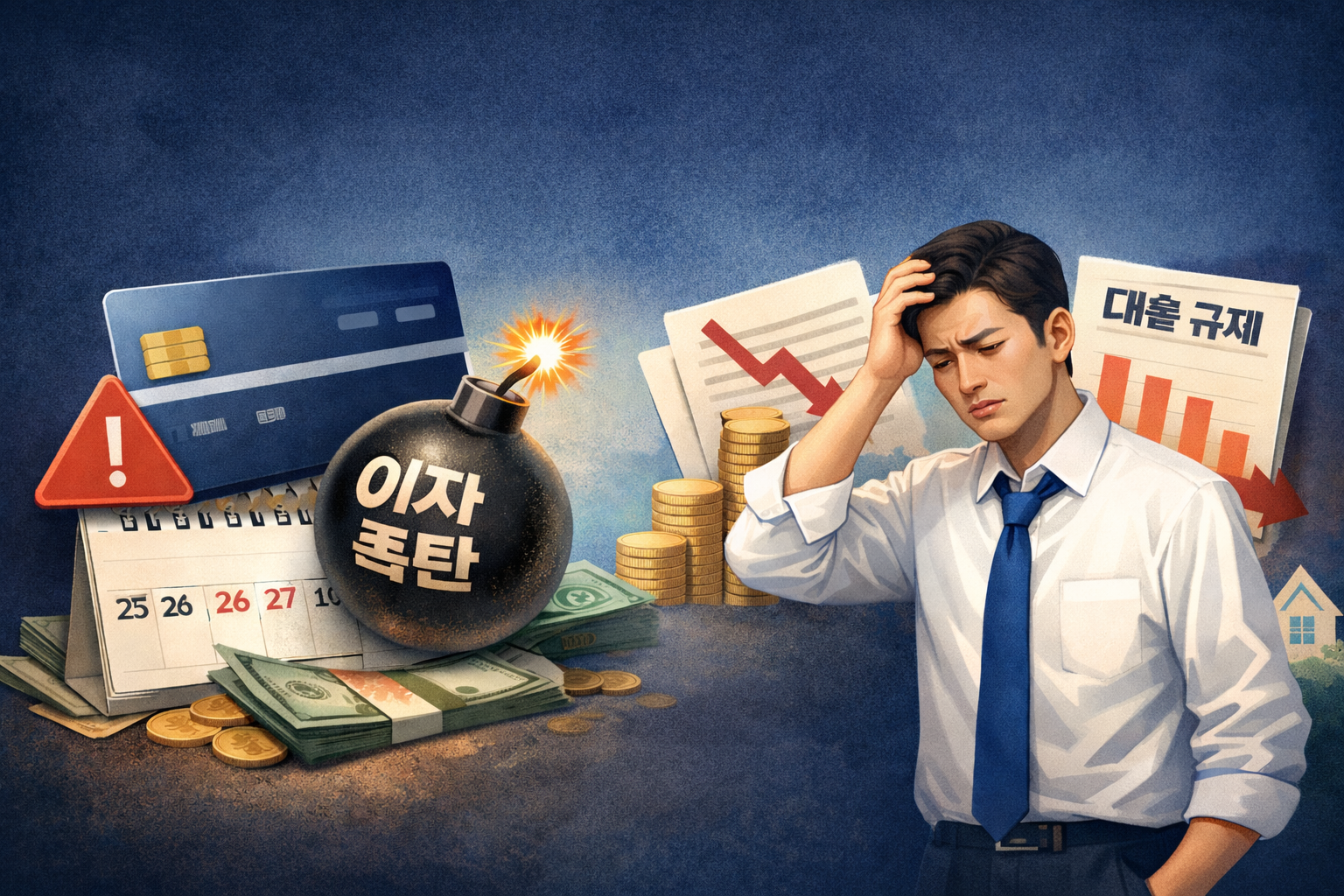 카드론과 이자 부담으로 현금흐름 위기를 겪는 직장인의 모습을 표현한 금융 일러스트