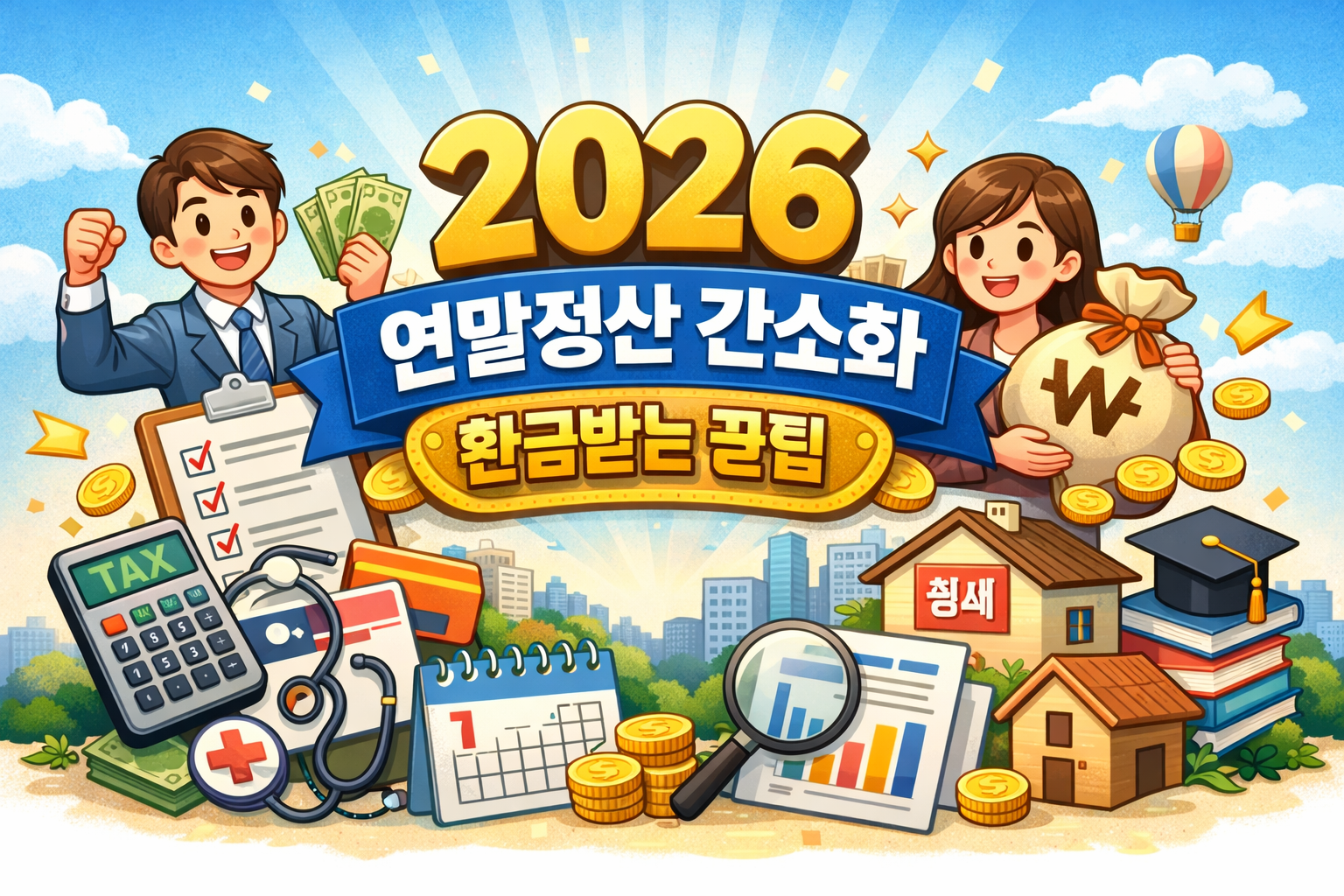 2026 연말정산 간소화 서비스를 주제로 환급받는 방법을 표현한 일러스트, 직장인 남녀가 서류와 돈을 들고 있으며 의료비·카드·주택 공제 아이콘이 함께 보이는 그림