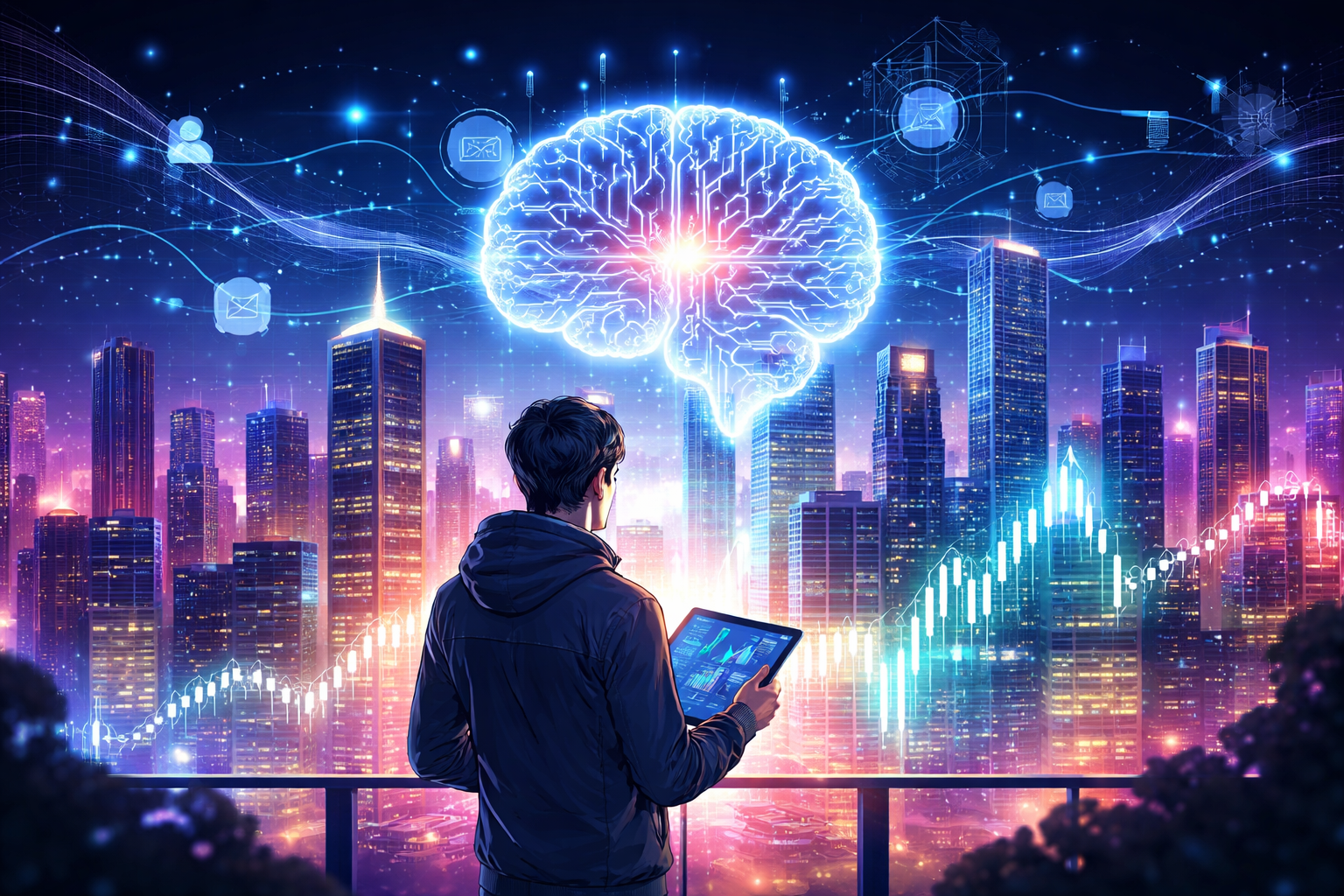 미래 도시를 배경으로 태블릿을 들고 AI 데이터와 금융 차트를 바라보는 투자자 일러스트