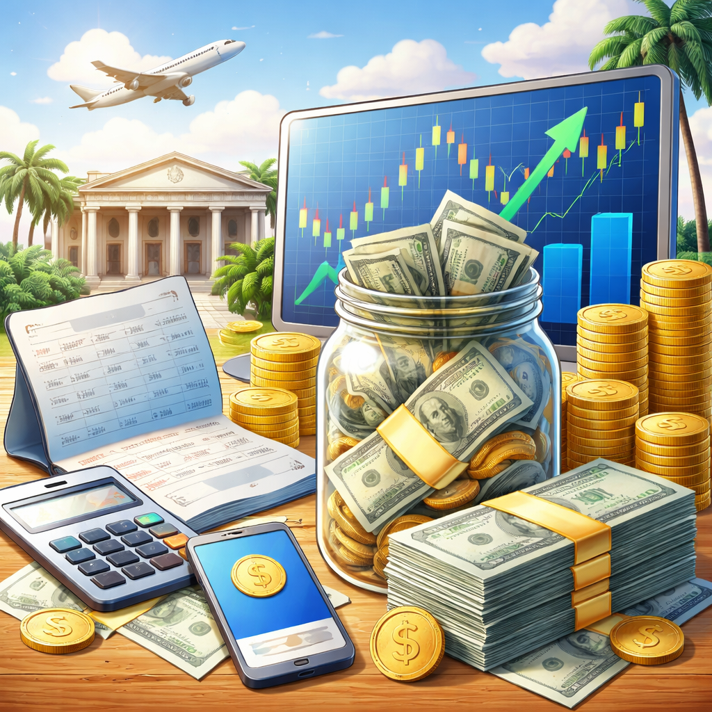 달러 예금과 외화 자산 증가를 상징하는 달러 지폐와 금화 일러스트
